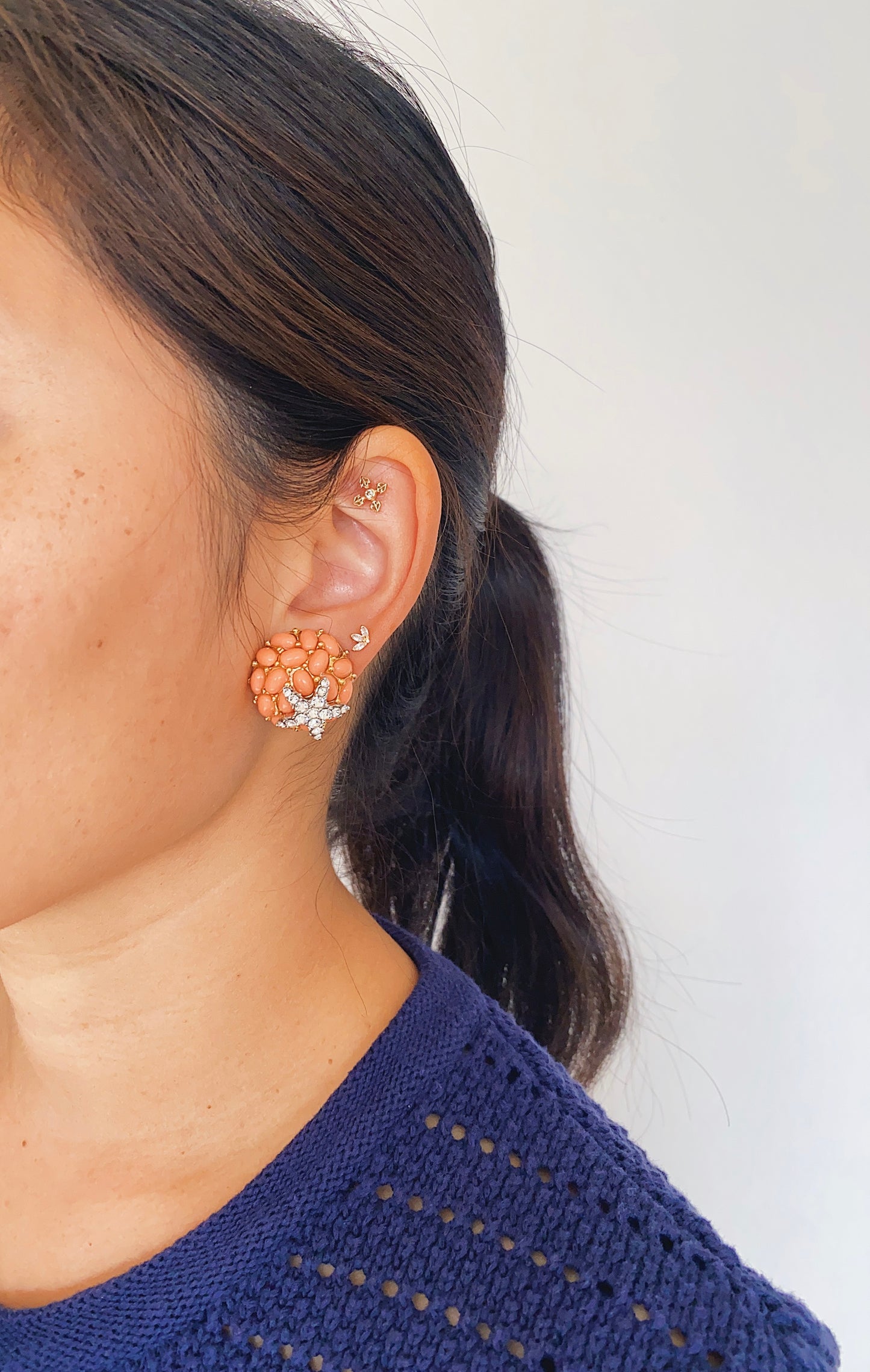 Vintage KJL Kenneth Jay Lane Faux Coral & Rhinestone Starfish Clip-On Earrings