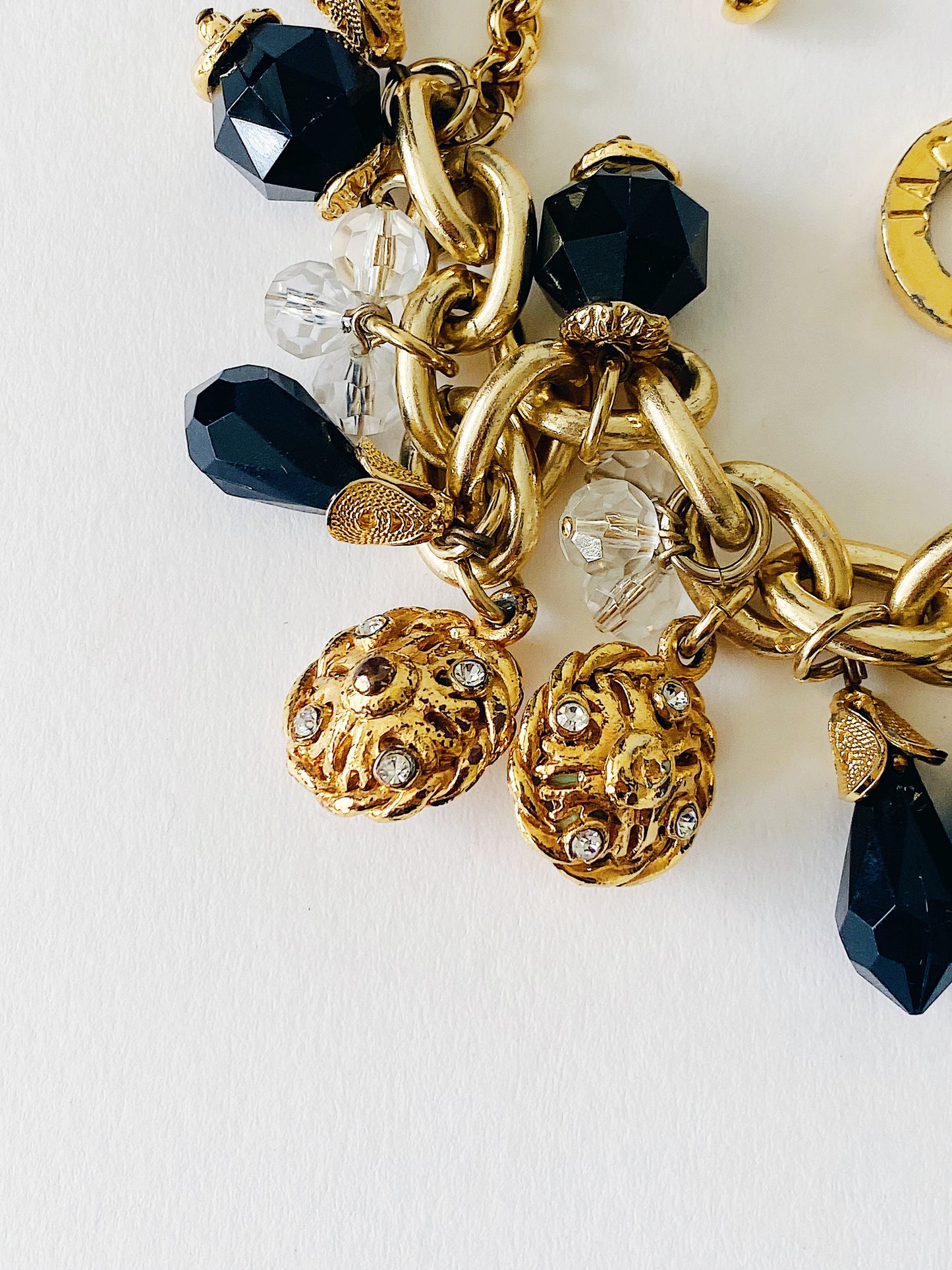Vintage JACKY DE G. Black & Gold Chunky Charm Bracelet