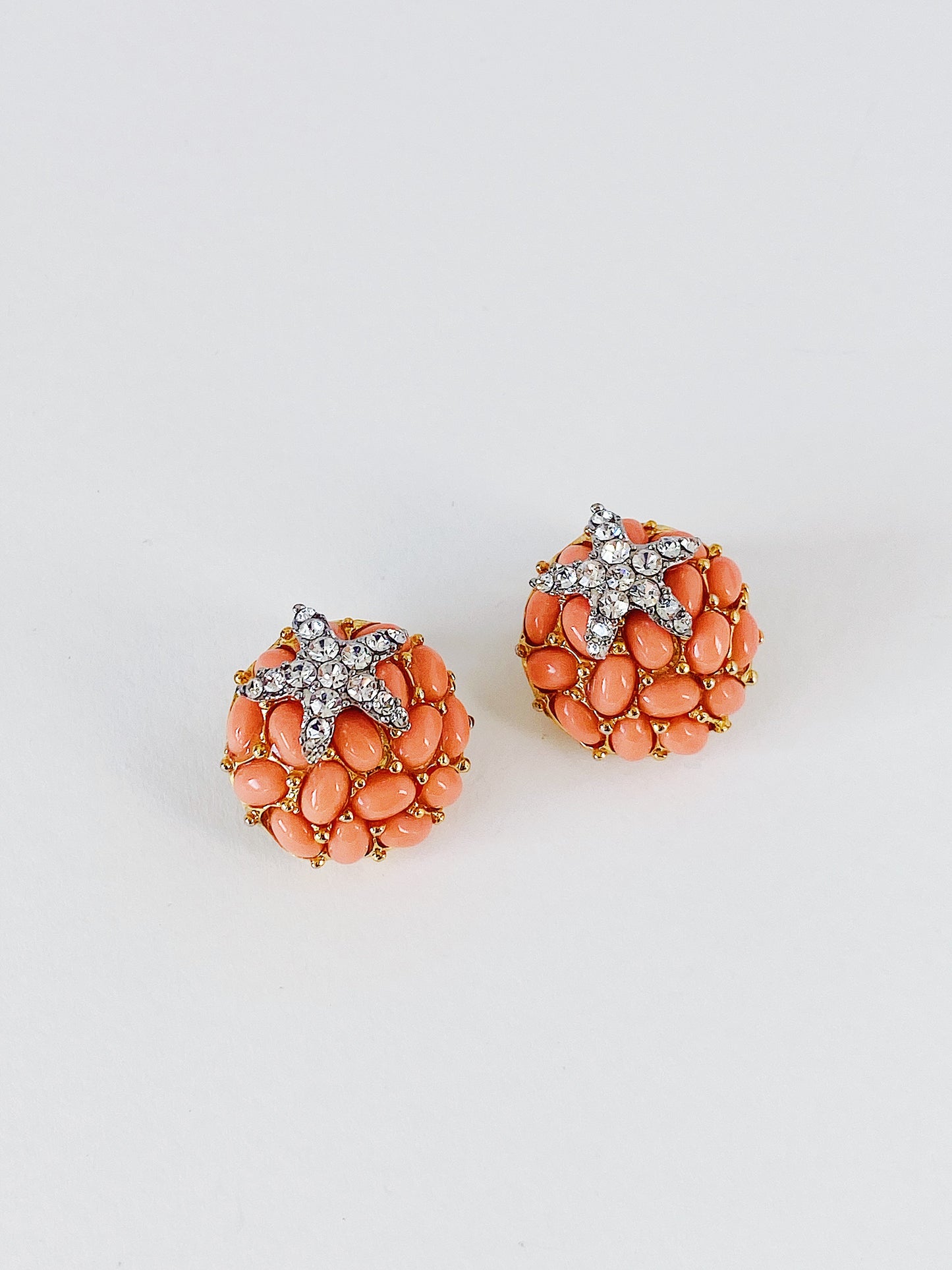 Vintage KJL Kenneth Jay Lane Faux Coral & Rhinestone Starfish Clip-On Earrings