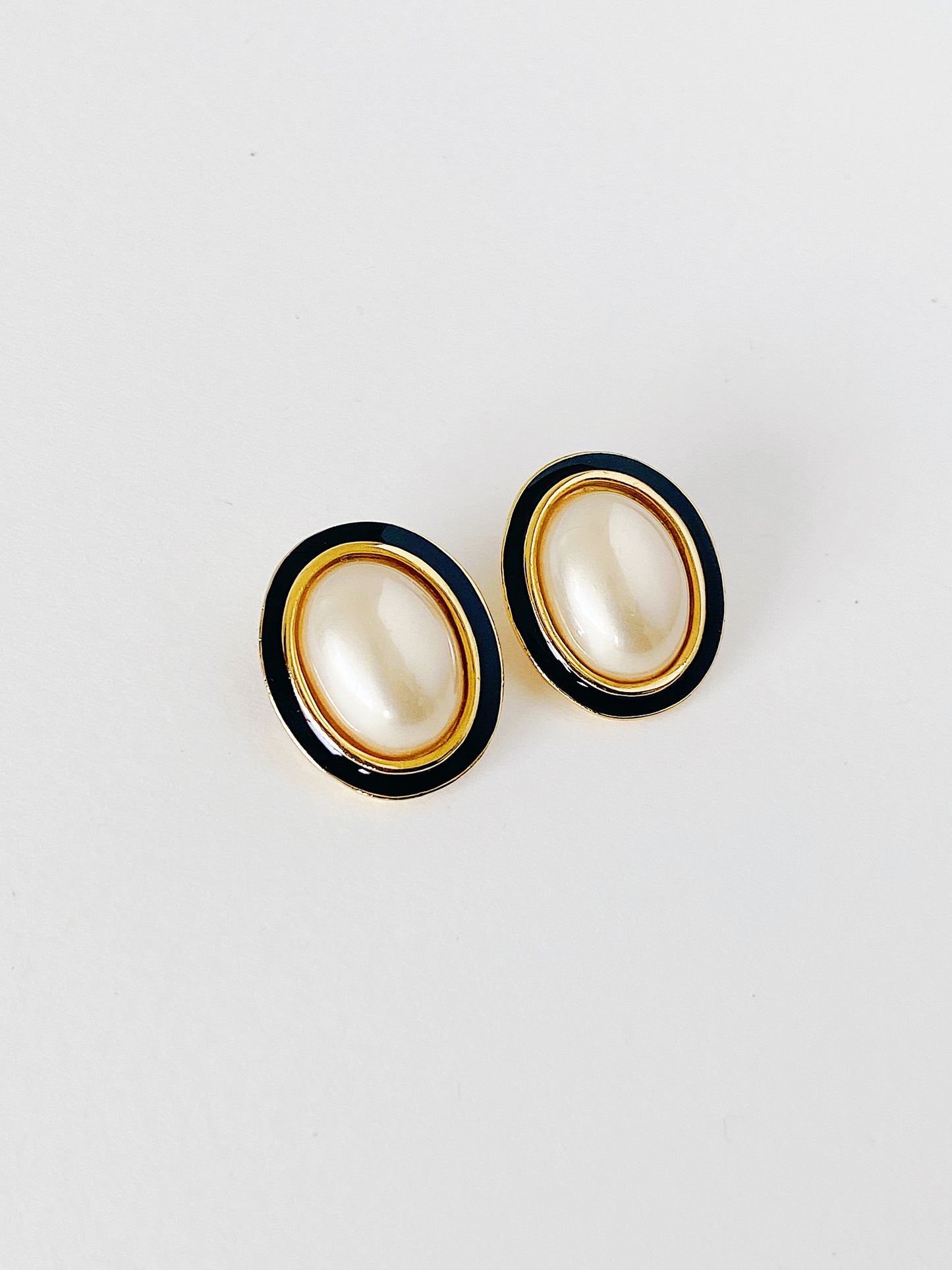 Vintage Carolee Faux Pearl & Black Enamel Clip-On Earrings