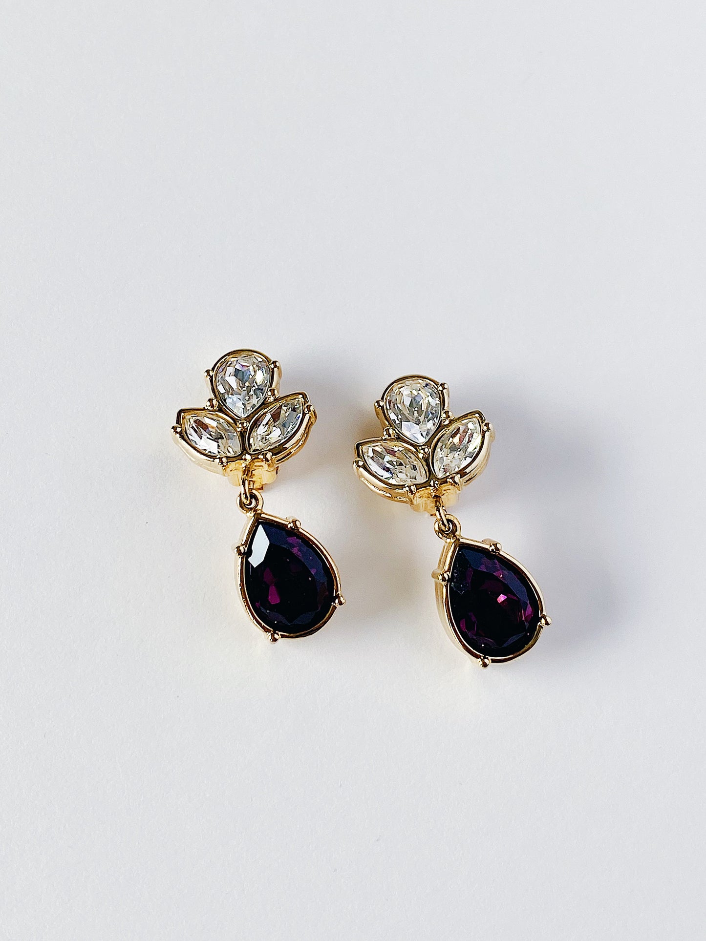 Vintage Swarovski Amethyst & Clear Crystal Lotus Clip Earrings