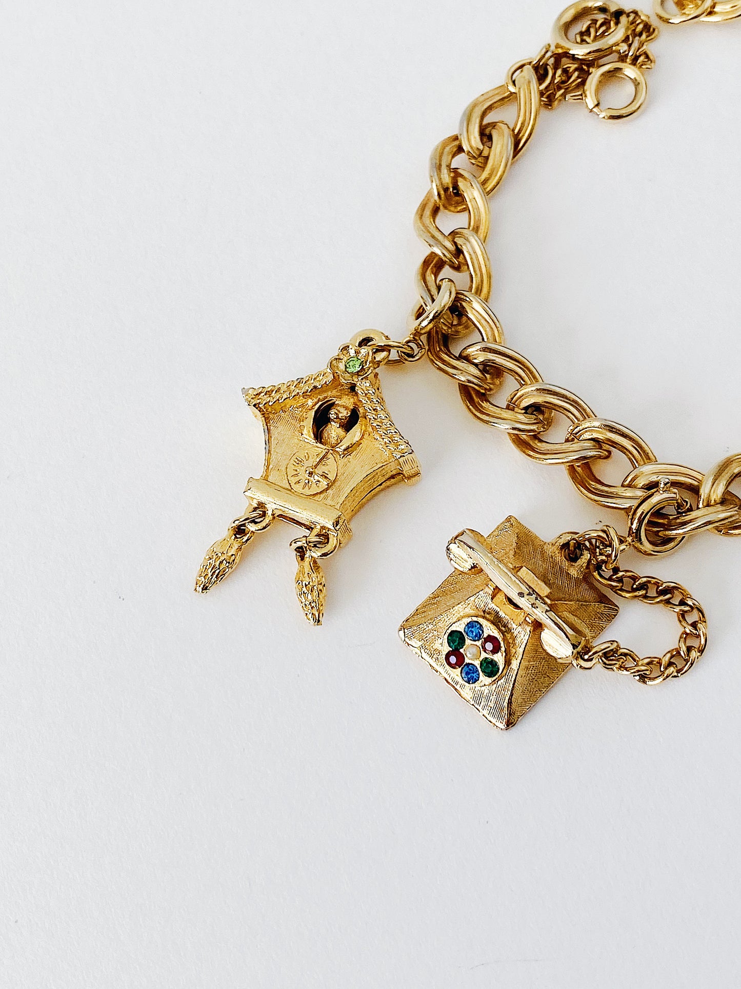 Vintage 1950s Charm Bracelet – Cuckoo Clock, Telephone, Treasure Chest, Crown Charms