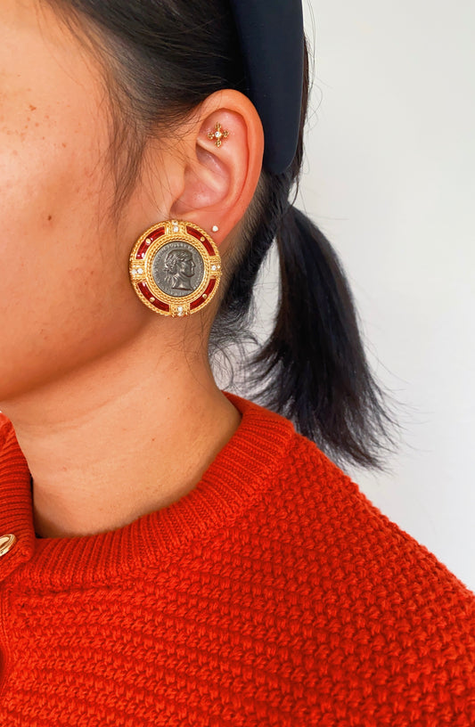 Vintage Swarovski Medallion Roman Coin Clip-On Earrings