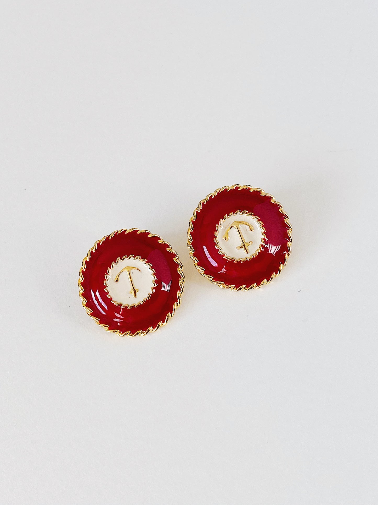 Vintage Nautical Anchor Red & White Enamel Clip-On Earrings
