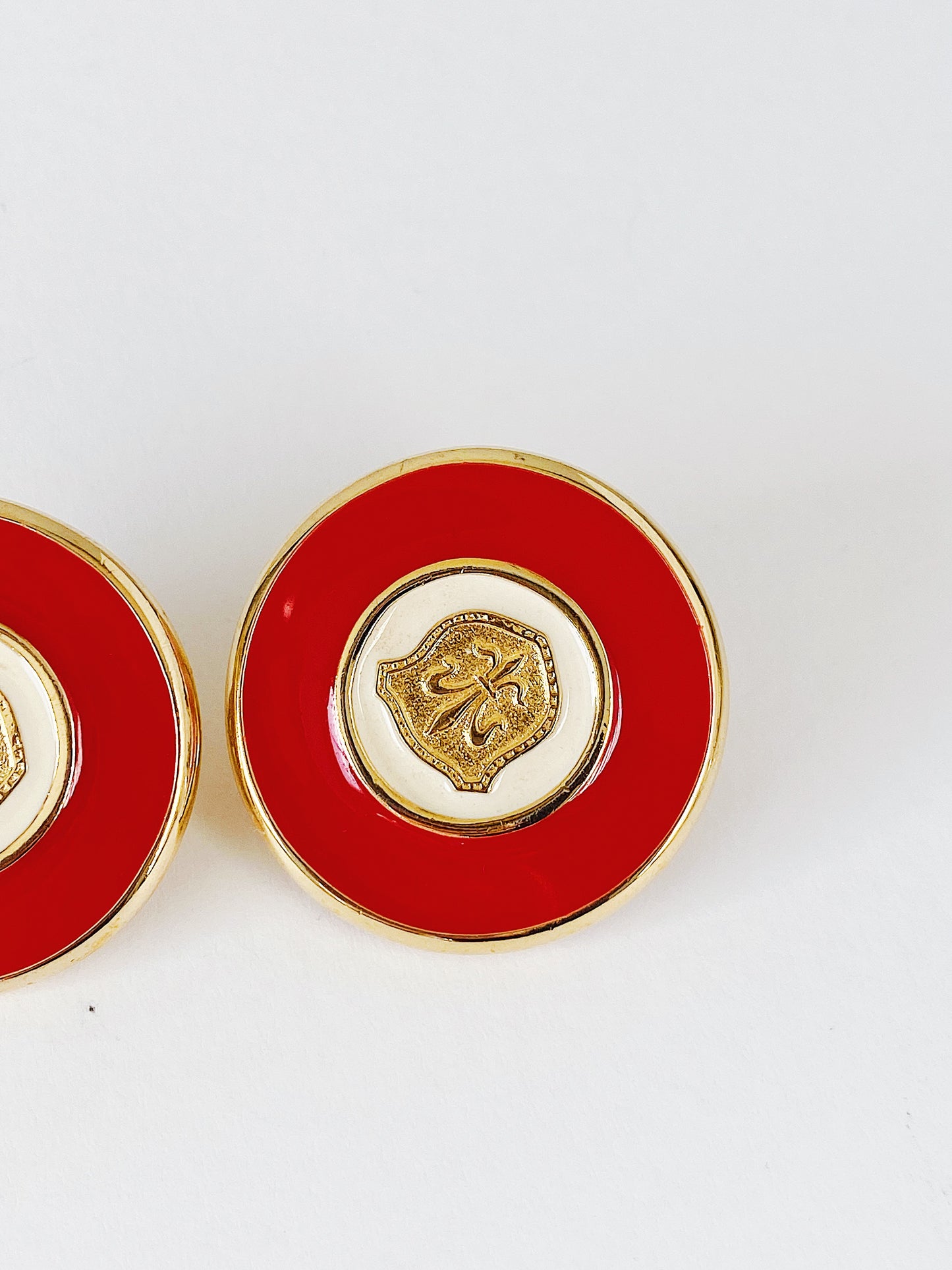 Vintage GJD Ginnie Johansen Danson Red & White Enamel with Fleur-de-Lis Clip-On Earrings