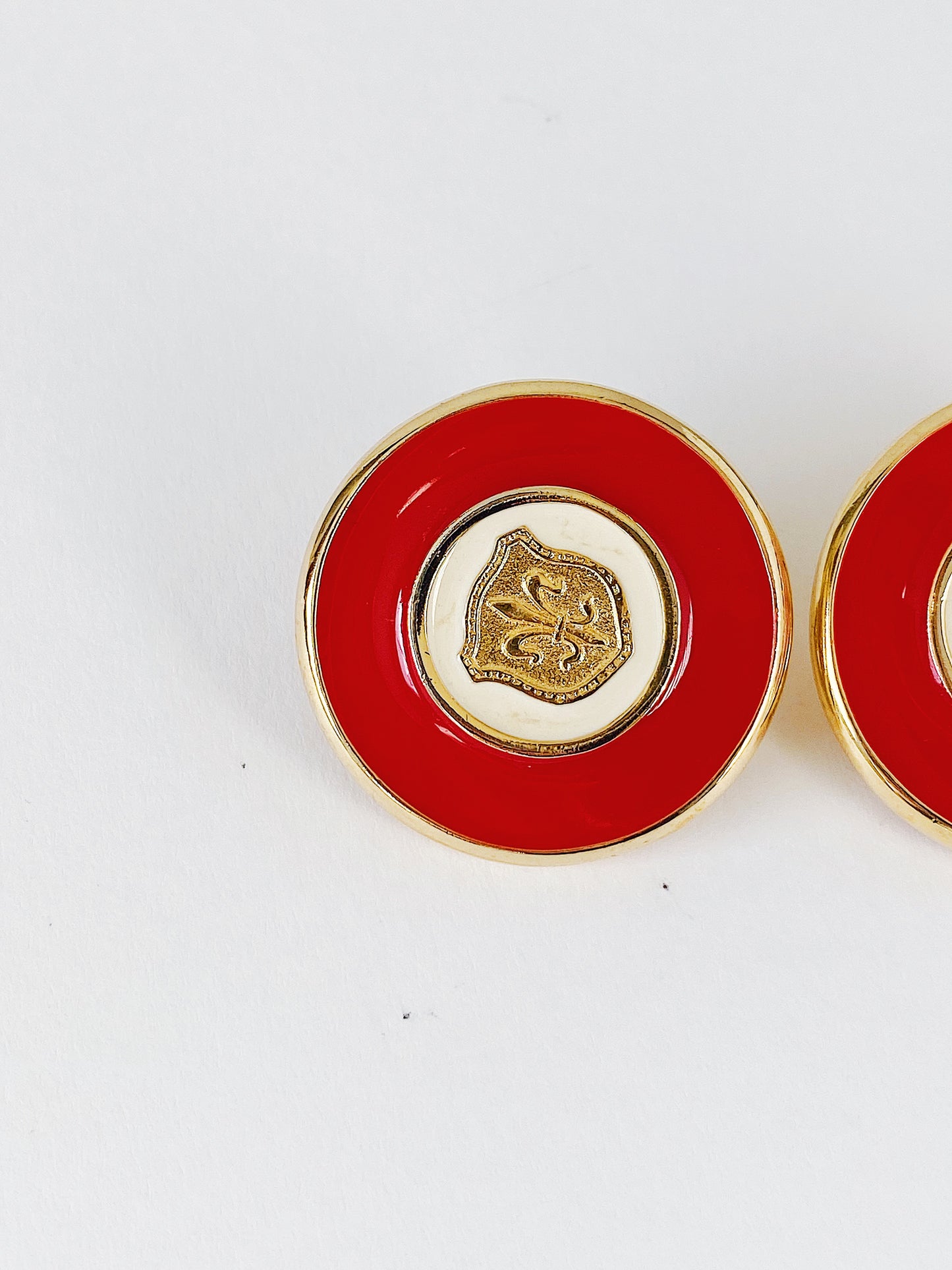 Vintage GJD Ginnie Johansen Danson Red & White Enamel with Fleur-de-Lis Clip-On Earrings