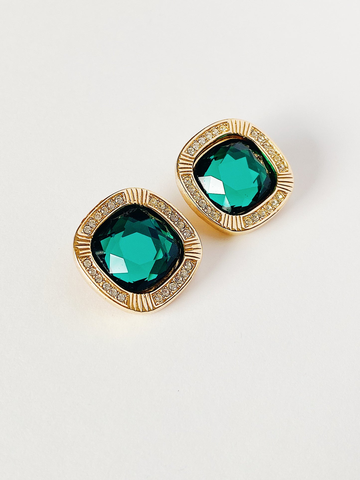 Vintage Swarovski Cushion-Cut Emerald Crystal Clip Earrings