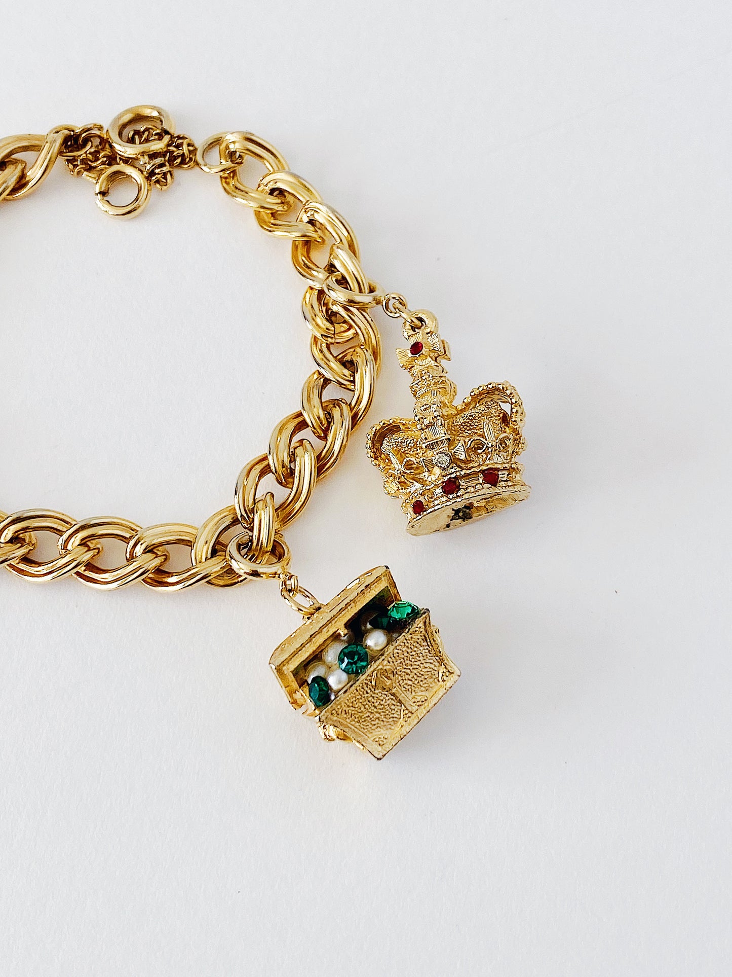 Vintage 1950s Charm Bracelet – Cuckoo Clock, Telephone, Treasure Chest, Crown Charms