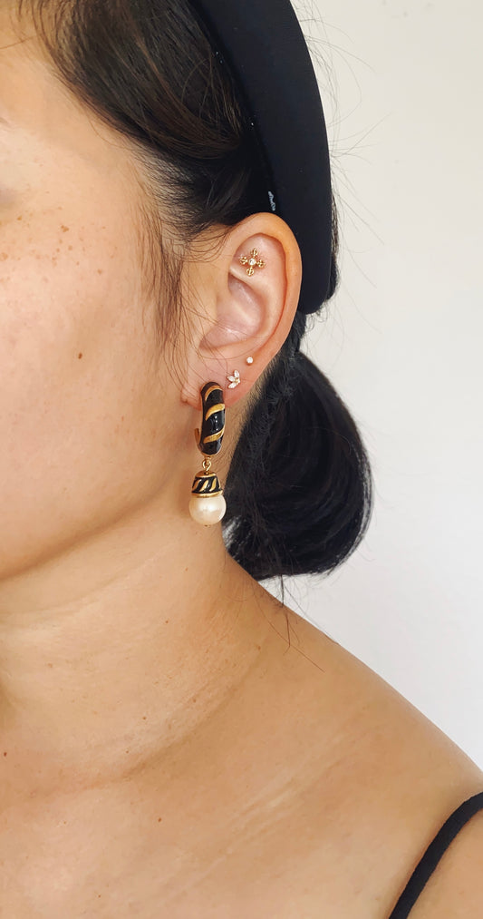 Vintage Richelieu Black & Gold Faux Pearl Drop Earrings