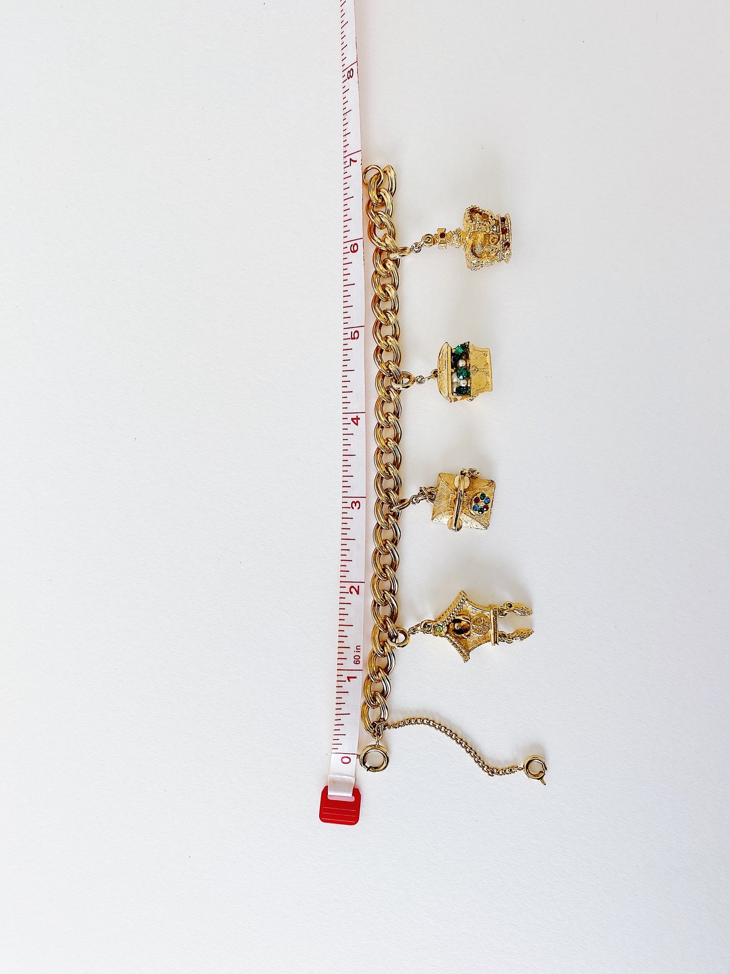 Vintage 1950s Charm Bracelet – Cuckoo Clock, Telephone, Treasure Chest, Crown Charms
