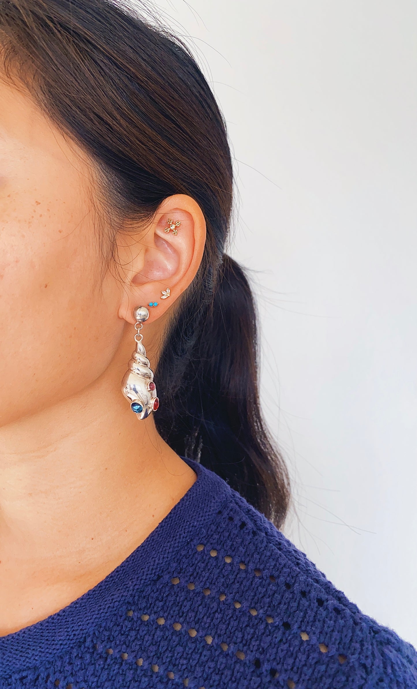 Sterling Silver Sculptural Seashell Earrings with Lucite Gems