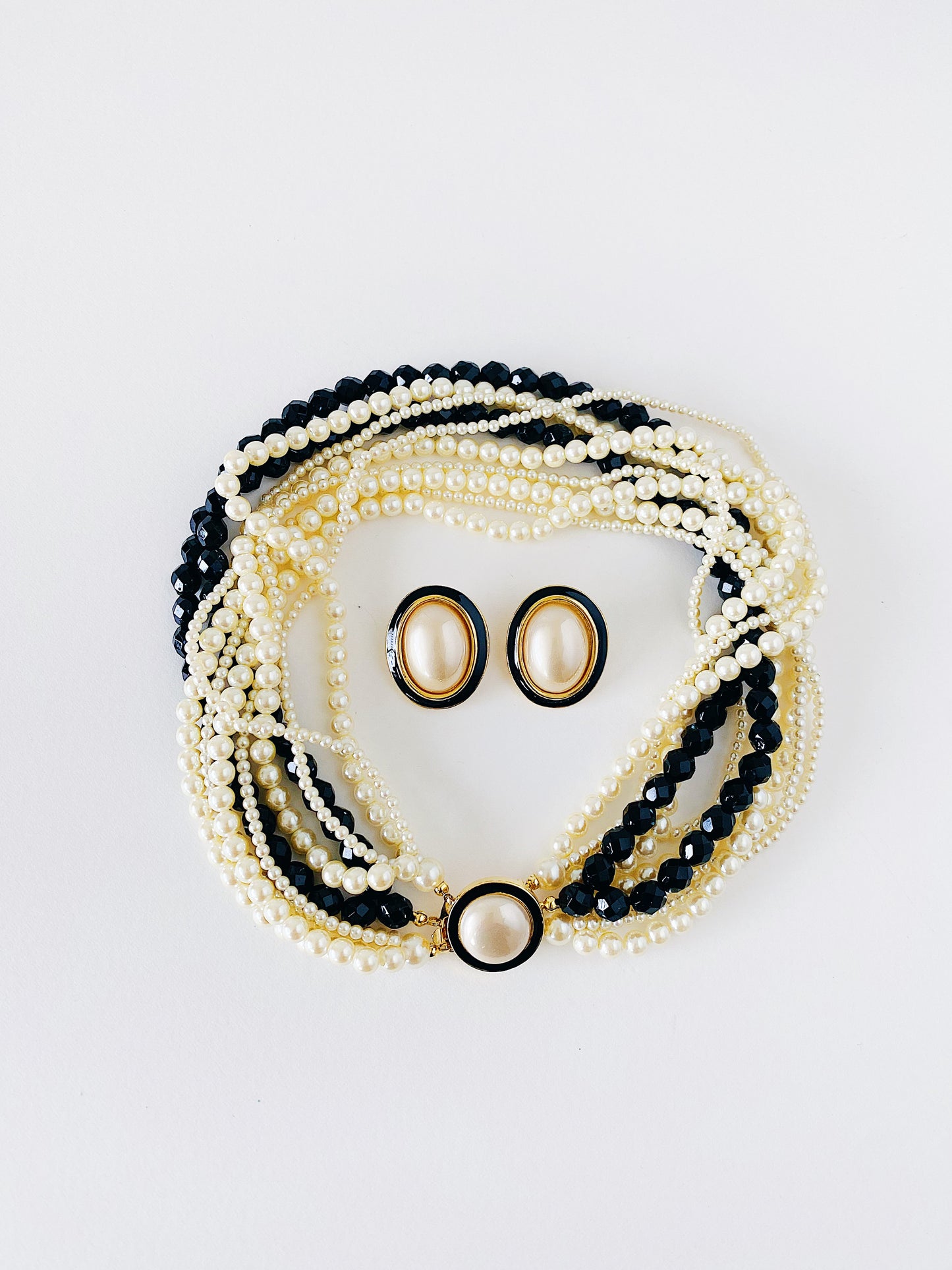 Vintage Carolee Faux Pearl & Black Enamel Clip-On Earrings