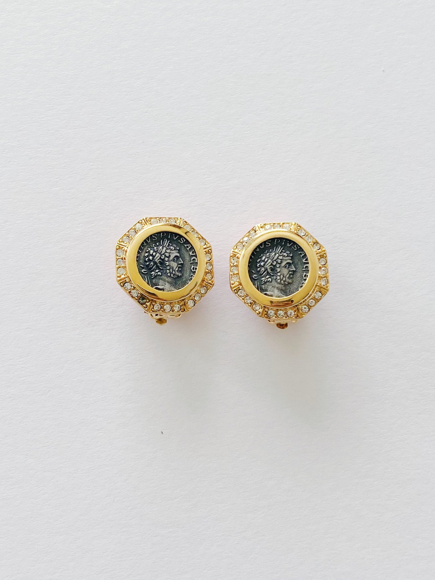 Vintage Carolee Roman Coin Rhinestone Clip Earrings