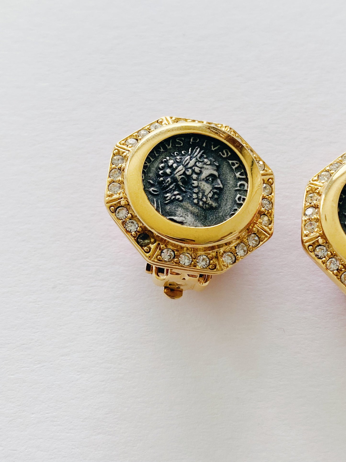 Vintage Carolee Roman Coin Rhinestone Clip Earrings