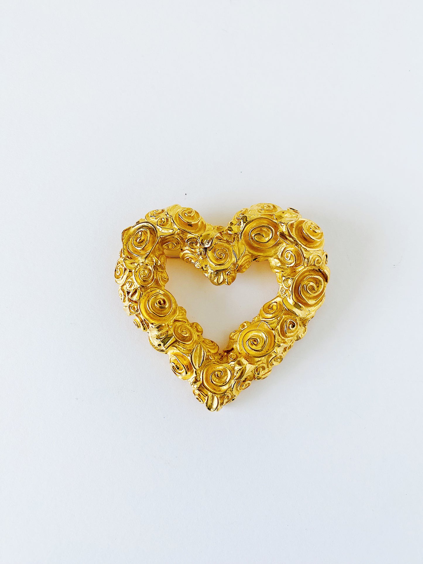 Vintage 1980s Givenchy heart brooch, large gold-plated statement pin with rosette design, 3-inch designer brooch