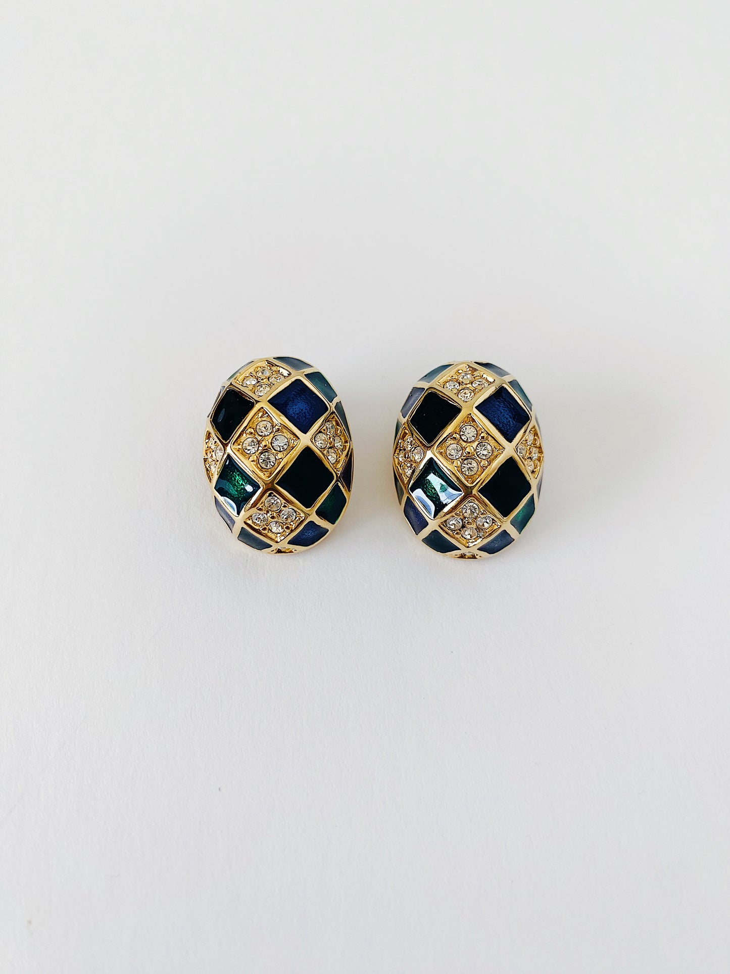 Vintage 1990s Joan Rivers checkered clip-on earrings, green and blue enamel with rhinestones, oval gold-plated statement earrings