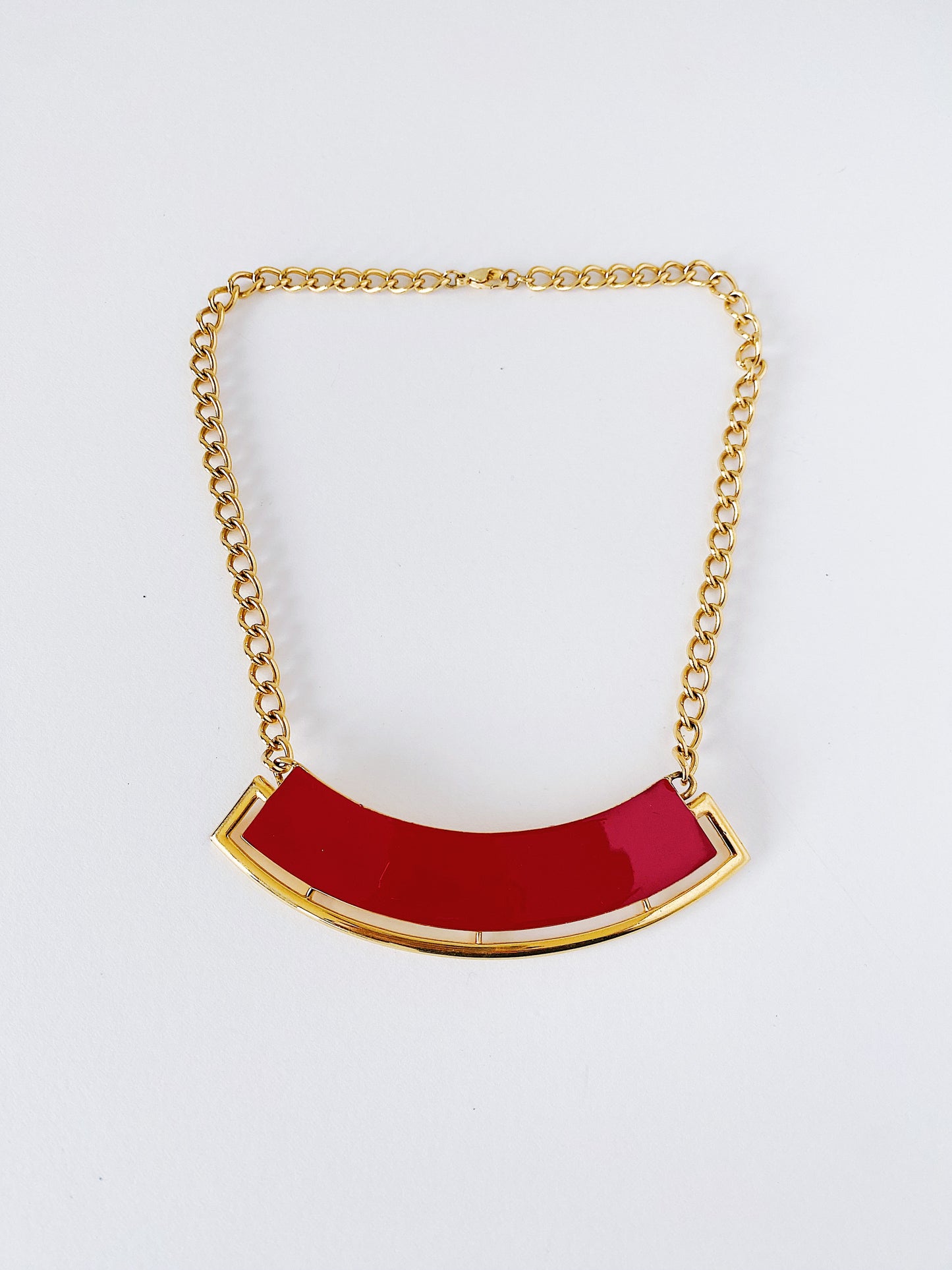 Vintage 1990s Monet abstract necklace, red enamel on triple gold plating, 18 inches, modernist statement jewelry