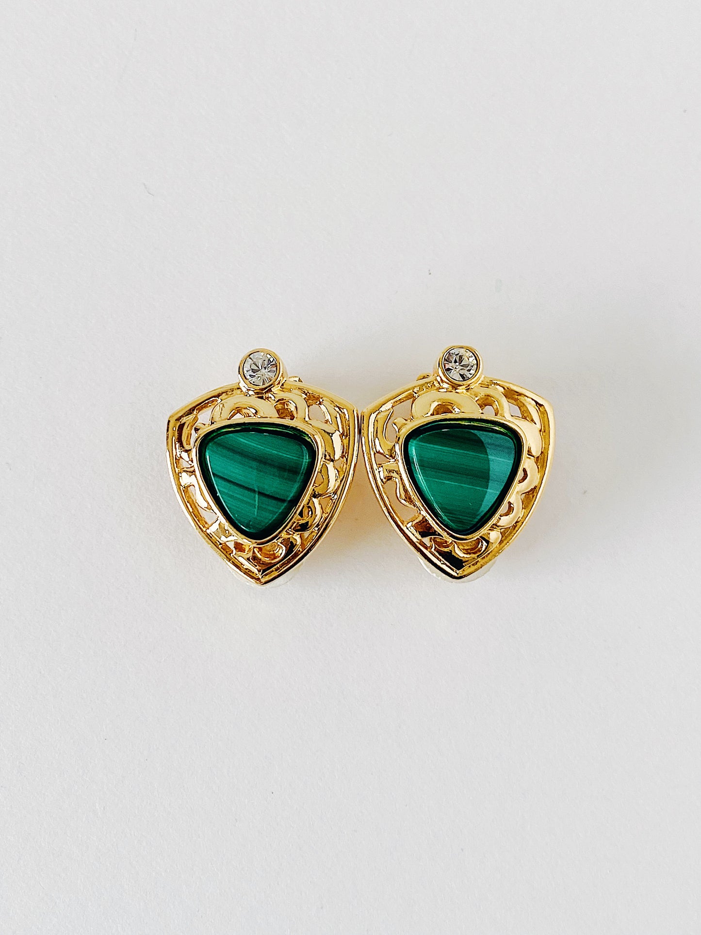 Vintage JBK Camrose & Kross malachite clip-on earrings, Jacqueline Kennedy replica, 24K gold plated with Swarovski accent, 1990s era