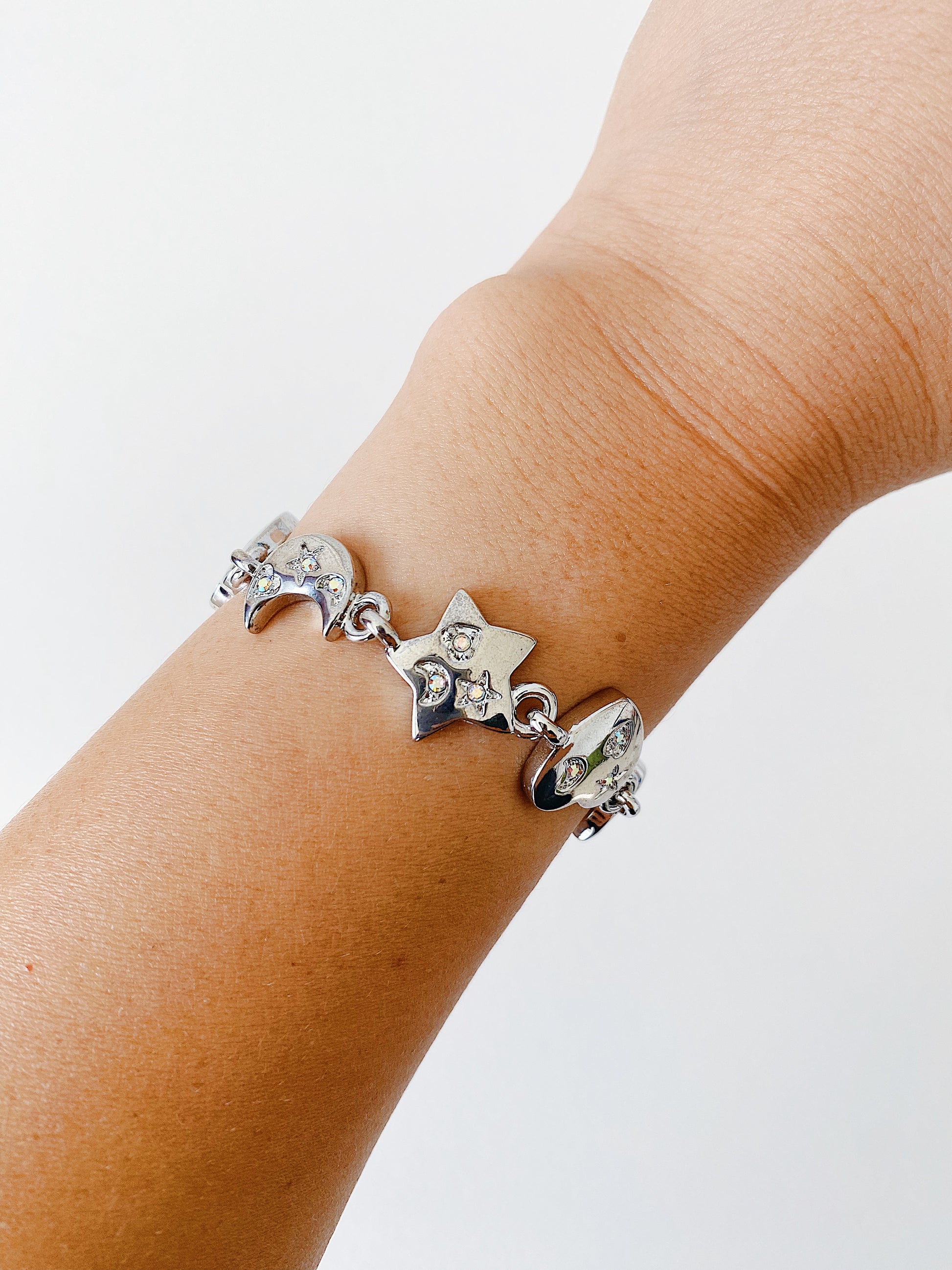 Vintage Kirks Folly moon and stars bracelet, Y2K era, aurora borealis rhinestones, 9 inch celestial bracelet