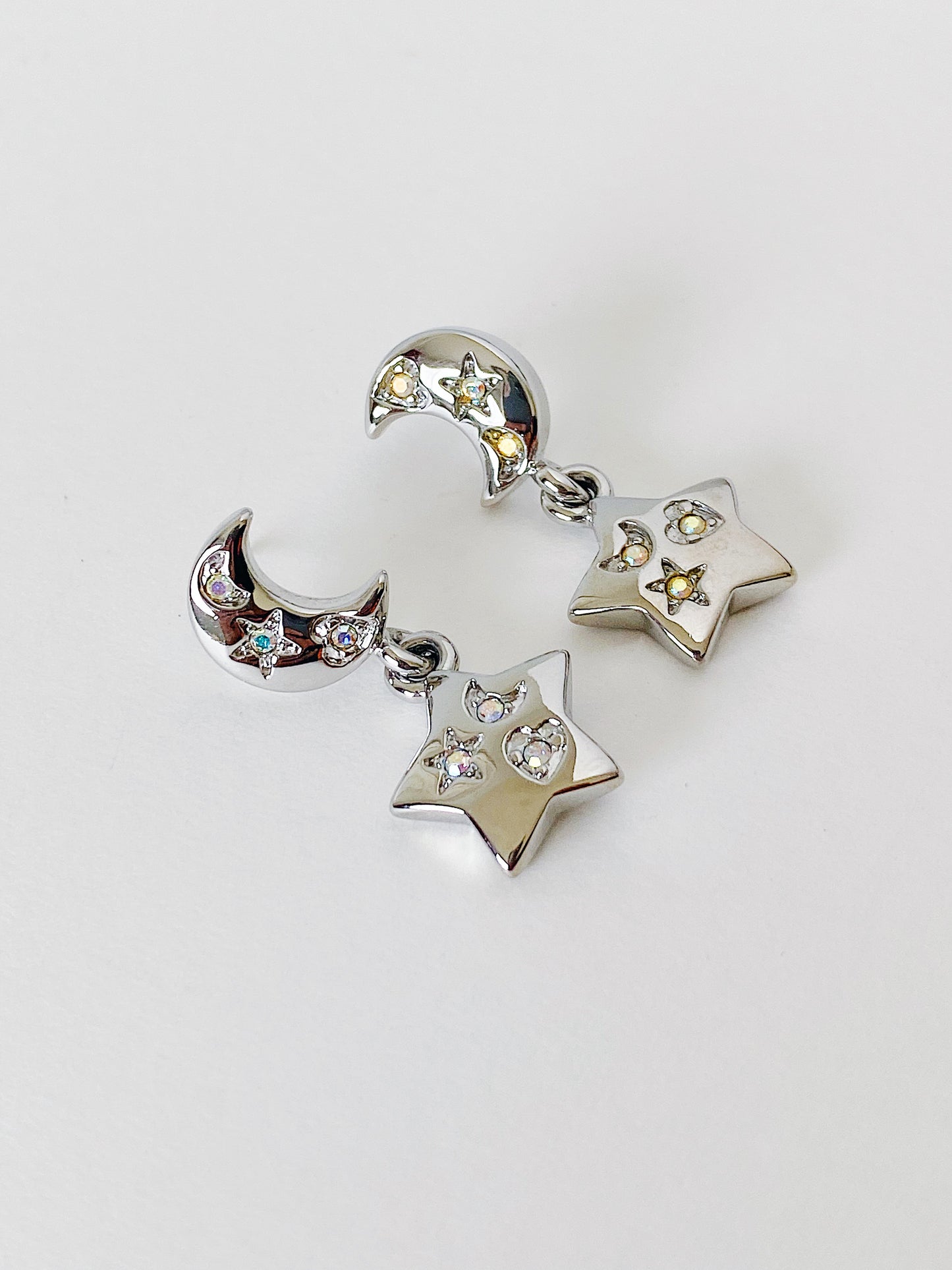 Vintage Kirks Folly moon and stars earrings, Y2K era, aurora borealis rhinestones, steel posts, celestial jewelry set