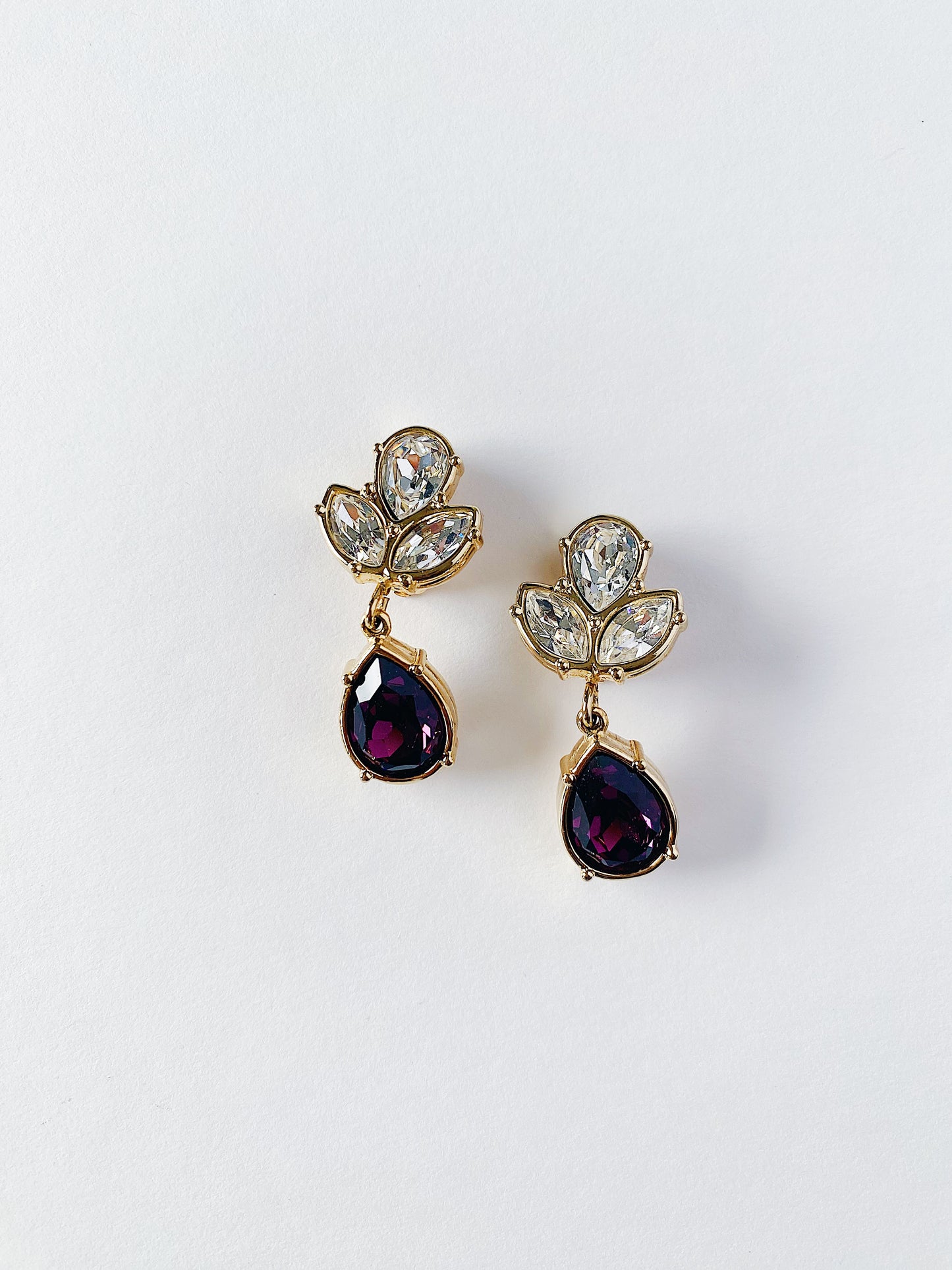 Vintage Swarovski swan logo lotus floral clear crystal with amethyst teardrop dangle gold-plated clip-on earrings, 1990