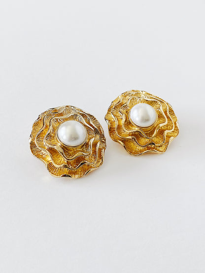 Vintage Pearl Flower Ruffled Statement Earrings