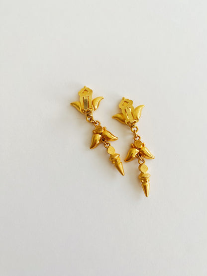Vintage Gold Spike Dangle Clip-On Earrings with Rhinestone
