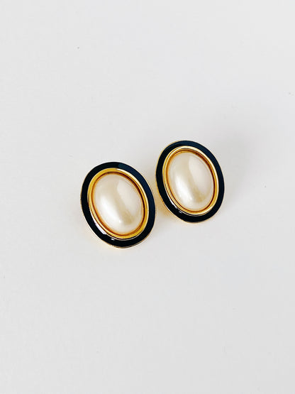 Vintage Carolee Faux Pearl & Black Enamel Clip-On Earrings