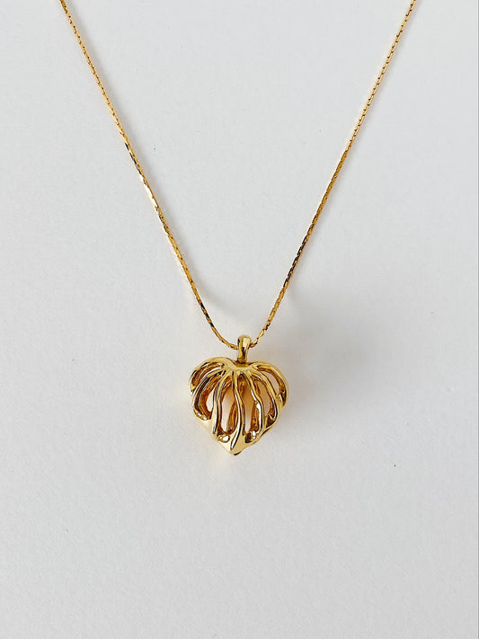 1990s vintage caged puffy heart necklace, gold-plated, romantic heart pendant, 23.5-inch chain, vintage layering necklace