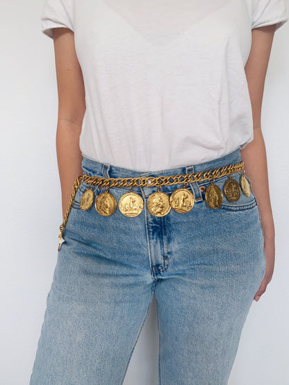 Vintage Gold-Plated Roman Coin Chain Belt