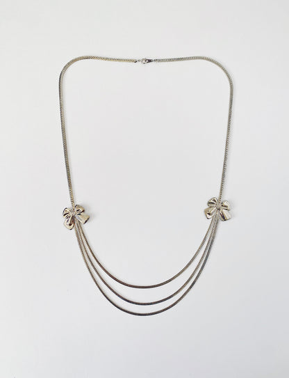 Vintage silver triple herringbone chain necklace with bow stations, pre-2000s, lightweight, layering necklace