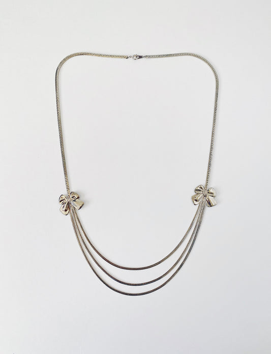 Vintage silver triple herringbone chain necklace with bow stations, pre-2000s, lightweight, layering necklace