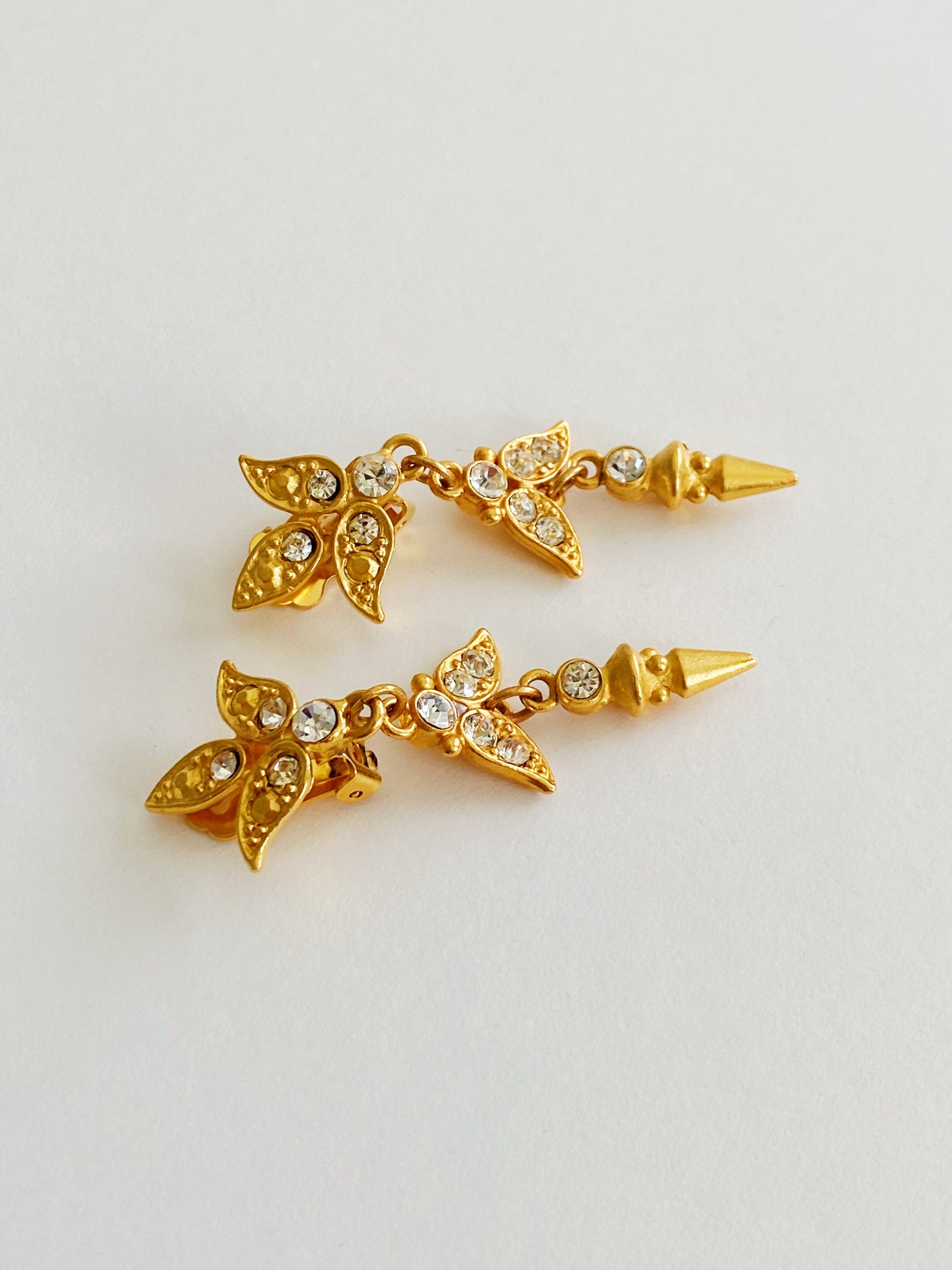 Vintage Gold Spike Dangle Clip-On Earrings with Rhinestone
