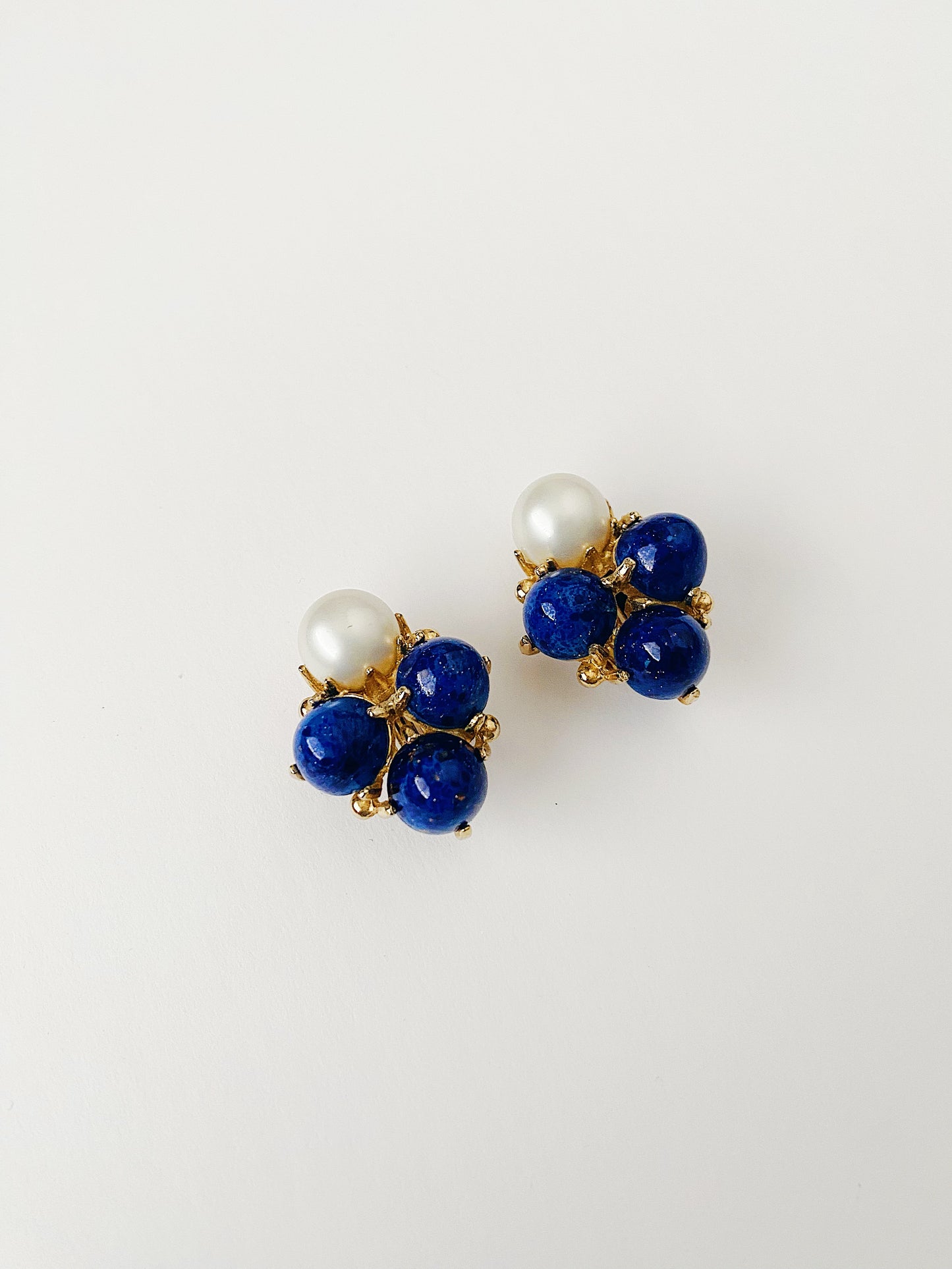 Vintage Faux Lapis Glass Cabochon & Pearl Earrings