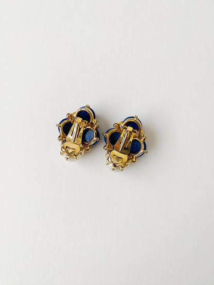 Vintage Faux Lapis Glass Cabochon & Pearl Earrings