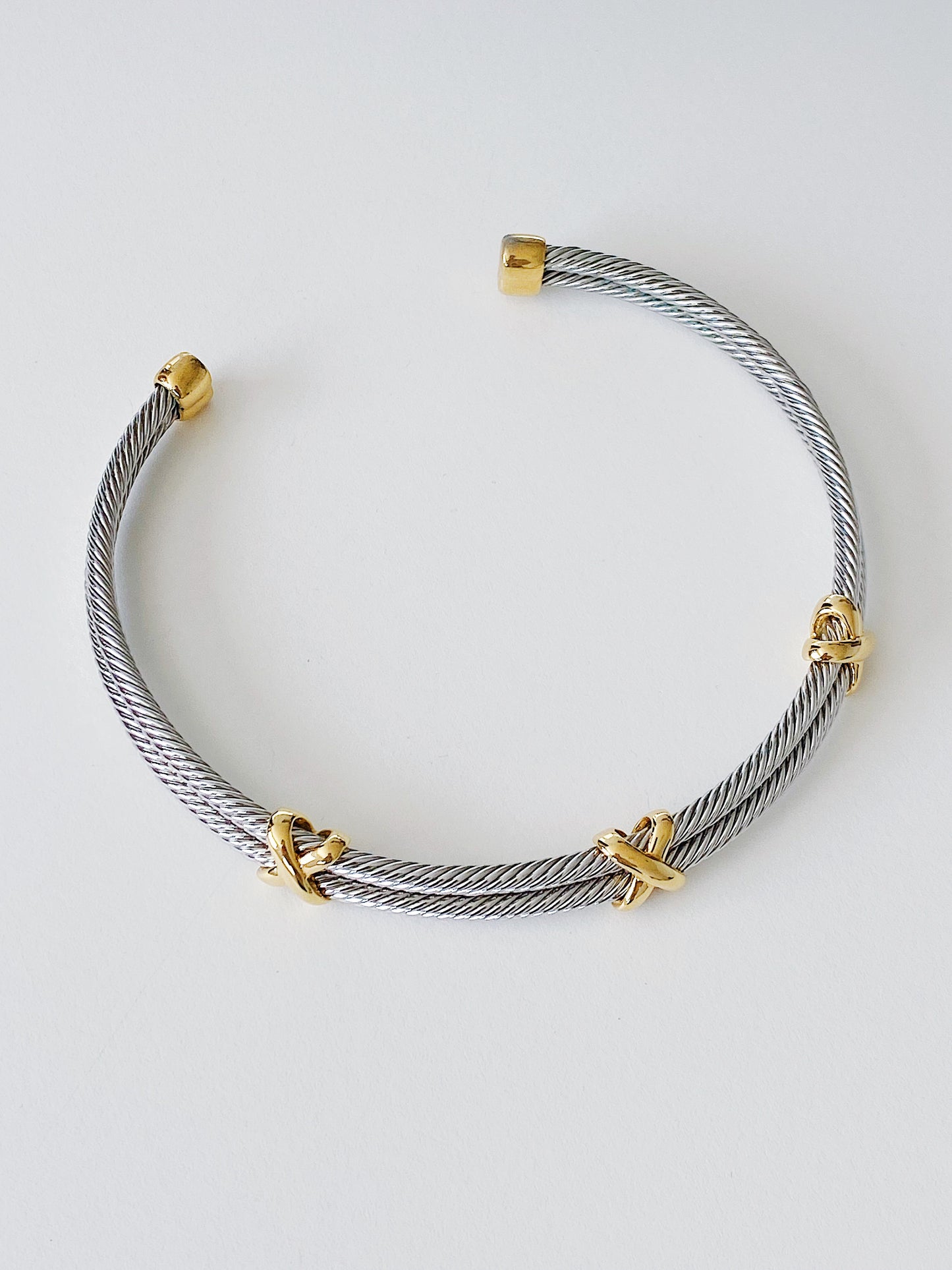 Vintage Two-Tone Twisted Cable Choker Necklace with Gold X Accents