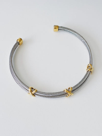 Vintage Two-Tone Twisted Cable Choker Necklace with Gold X Accents