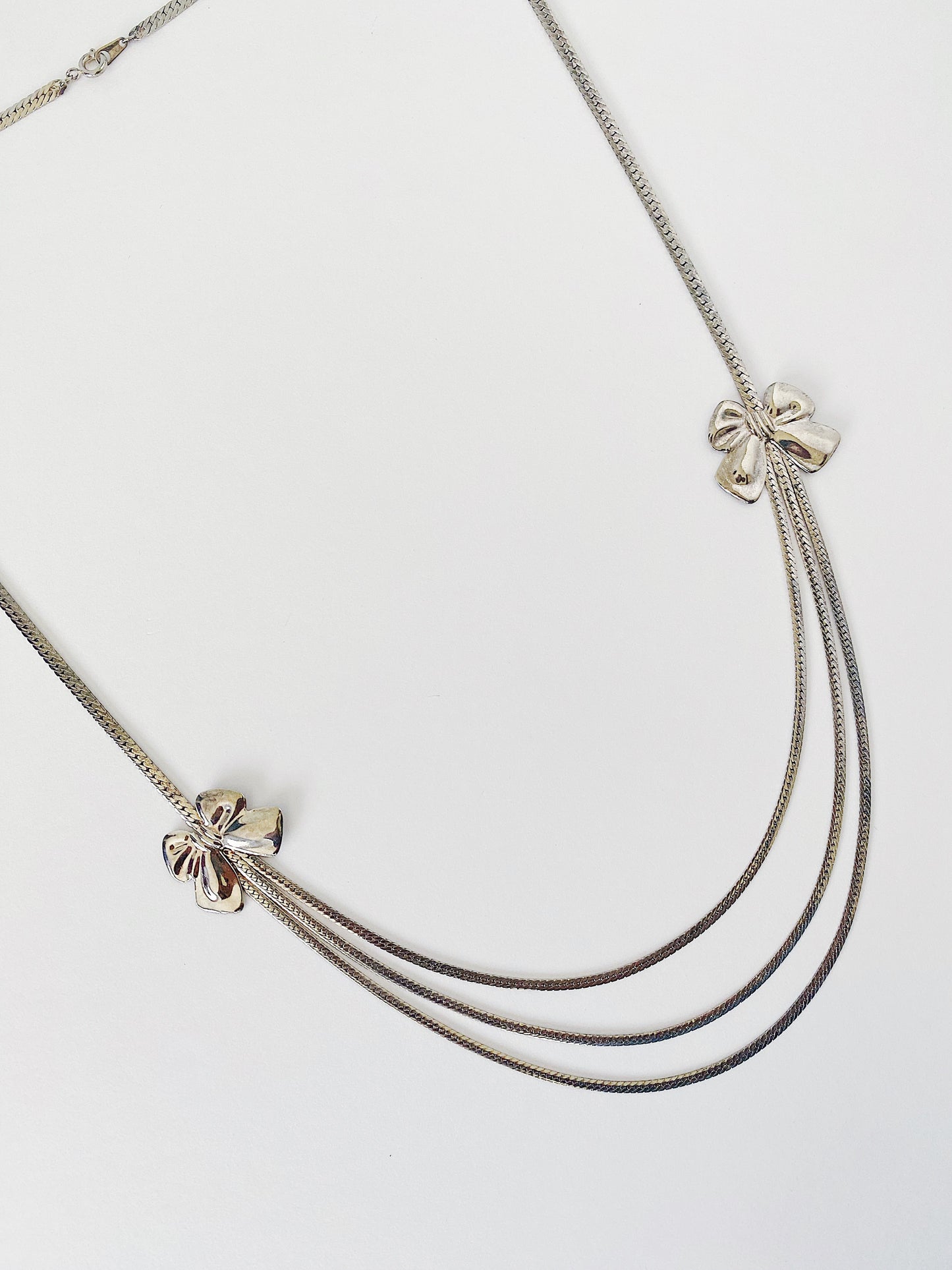 Vintage Silver Triple Herringbone Chain Necklace with Bow Stations