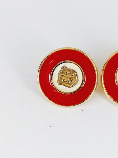 Vintage GJD Ginnie Johansen Danson Red & White Enamel with Fleur-de-Lis Clip-On Earrings