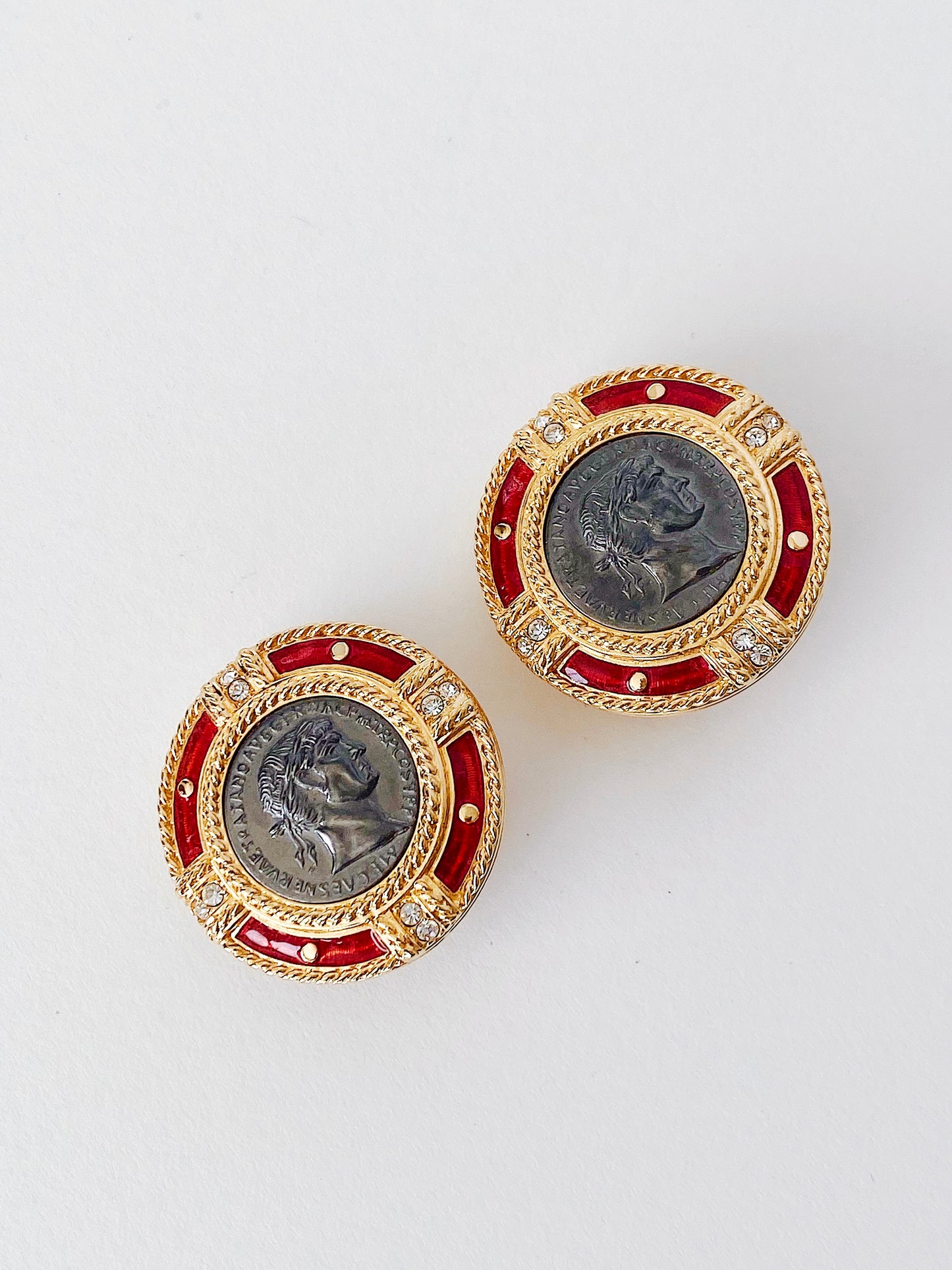 Vintage Swarovski Medallion Roman Coin Clip-On Earrings