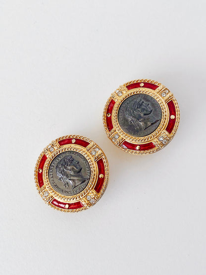 Vintage Swarovski Medallion Roman Coin Clip-On Earrings