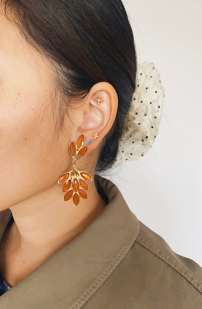 Vintage Orena Paris Amber Enamel Leaf Earrings