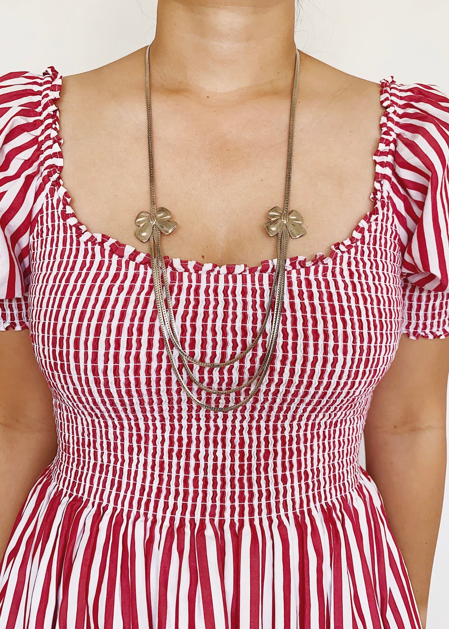 Vintage Silver Triple Herringbone Chain Necklace with Bow Stations