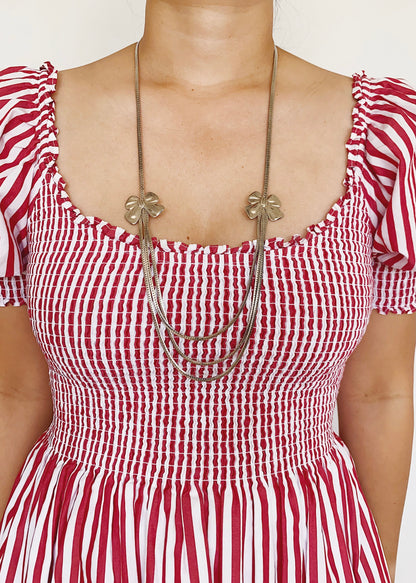 Vintage Silver Triple Herringbone Chain Necklace with Bow Stations