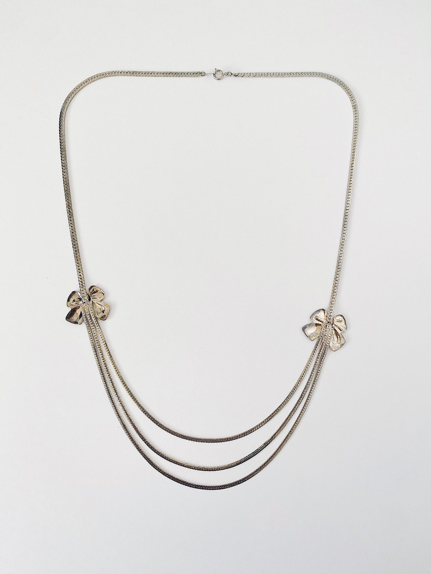 Vintage Silver Triple Herringbone Chain Necklace with Bow Stations
