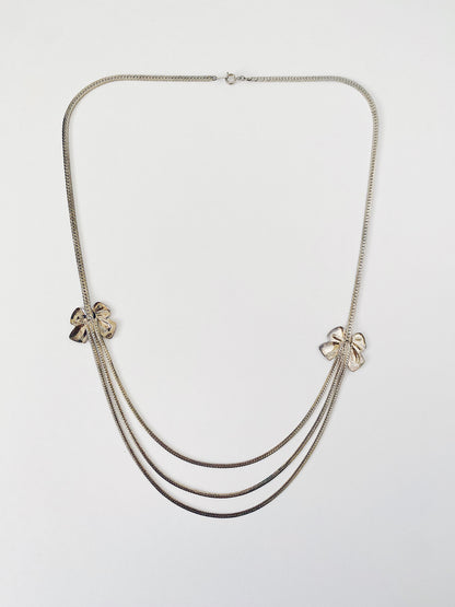 Vintage Silver Triple Herringbone Chain Necklace with Bow Stations