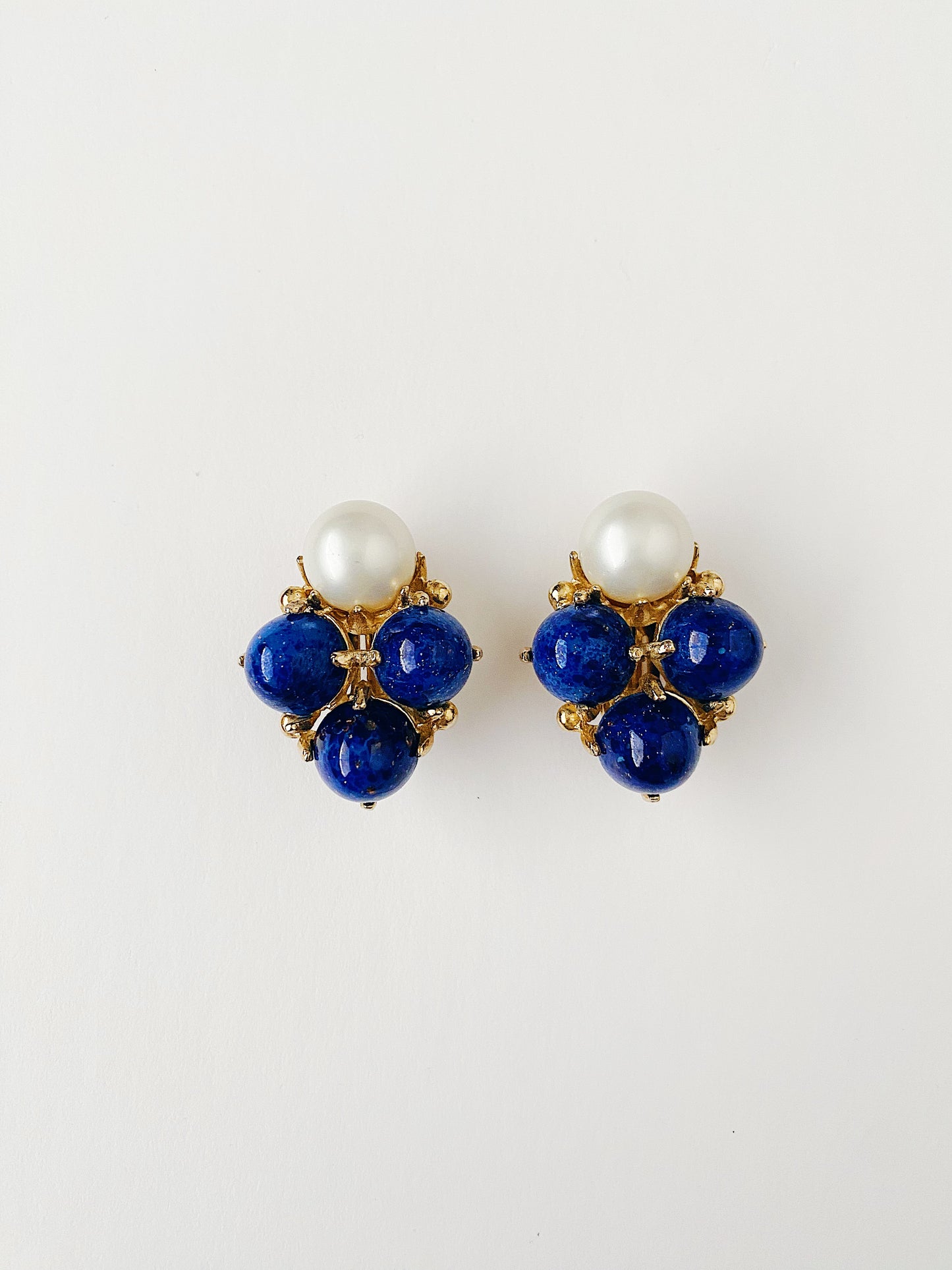 Vintage Faux Lapis Glass Cabochon & Pearl Earrings