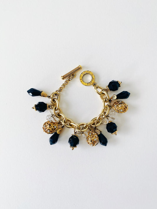 Vintage JACKY DE G. Black & Gold Chunky Charm Bracelet