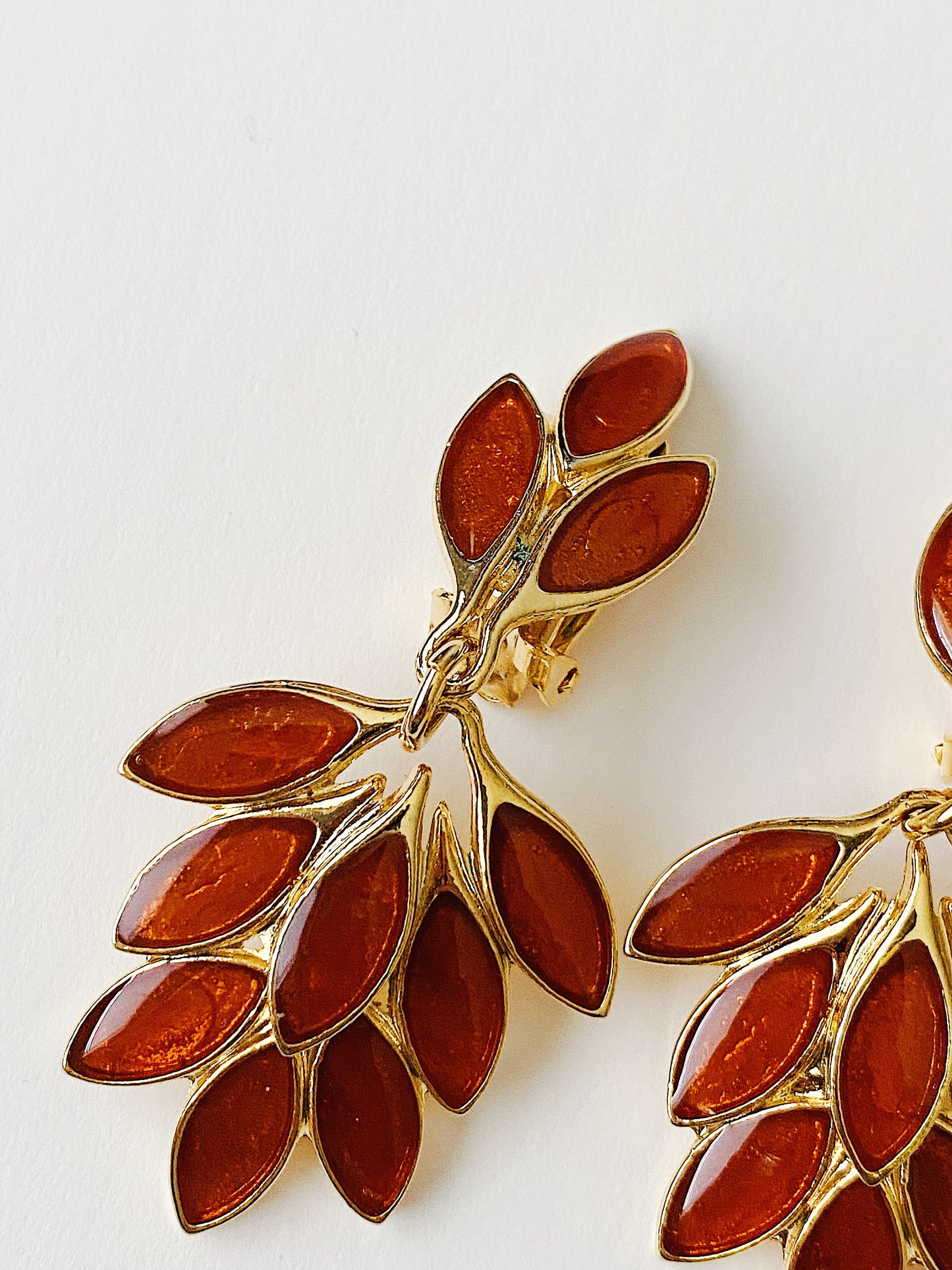 Vintage Orena Paris Amber Enamel Leaf Earrings