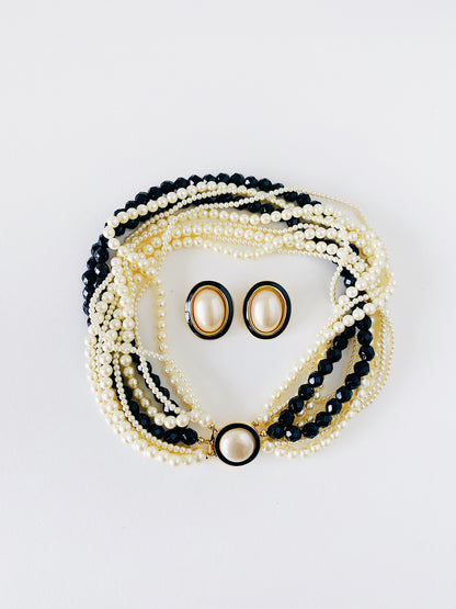 Vintage Carolee Faux Pearl & Black Enamel Clip-On Earrings